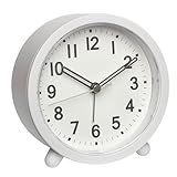 TFA Dostmann Sveglia da comodino analogica alimentata a batteria, 60.1043.02, senza ticchettio, con retroilluminazione, orologio da tavolo, con sveglia e funzione snooze, stile retrò, bianco
