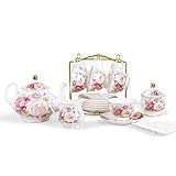fanquare Set da Tè Europeo in Porcellana da 21 Pezzi, Servizio da Caffè in Ceramica Rosa, Servizio da Tè per Matrimonio, Tè Pomeridiano e Caffè