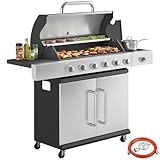 Outsunny Barbecue a Gas con 6+1 Bruciatori da 18.6 KW, BBQ a Gas Propano Portatile con Griglia, Ripiani, Coperchio, Termometro, Ruote, per Giardino Esterno, Nero Argento