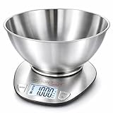 Bilancia da Cucina Digitale 5kg Acciaio Inossidabile con Ciotola Rimovibile, Alta Precisione, Display LCD Retroilluminato, Funzione Tara, Impermeabile, Ricettario Incluso, Boston Tech