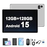 Crelander Tablet Android 15 da 10,1 pollici, tablet Android da 12 GB + 128 GB, batteria 5000 mAh, touchscreen HD 1280 x 800, Bluetooth/WiFi, pacchetto con custodia, tastiera, mouse e stilo (grigio)