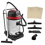 Aspirapolvere Industriale 80L Wet&Dry 3000W, Motore Triplo, Acciaio Inox, 4 Accessori, 3 Sacchetti, Tubo 1.5m, Cavo 9m, Filtro in Tessuto per Pulizia Professionale