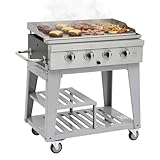 METRO PROFESSIONAL Barbecue a Gas con 4 Bruciatori e Piastra, 85x50 cm, Acciaio Inox, con Ruote e Telo di Copertura, Argento, 14.8 kW