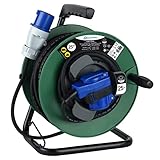 Electraline 49209 prolunga in gomma con avvolgicavo 25 mt per camper, campeggio, caravan, spina CEE 3 poli e 2 prese (industriale+Schuko) - IP44, Verde/Nero