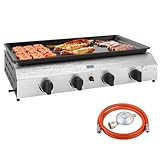 Outsunny Barbecue a Gas in Acciaio, Piastra a Gas Smaltato a 4 Bruciatori da 2.4kW, Griglia Barbecue Portatile con Piedini Regolabili e Vassoio Raccogli Grasso, Regolatore, Tubo, Argento
