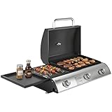 Outsunny Barbecue a gas da tavolo con 3 bruciatori, combinato grill e piastra con coperchio e termometro, 8,1 kW portatile per campeggio balcone terrazza – superficie di cottura 2224 cm², nero