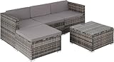 tectake® Salottino in Rattan, Set da Giardino con Poltrone e Tavolo con Lastra in Vetro di Sicurezza, Comode Imbottiture Idrorepellenti, Resistente ai Raggi UV - Per 3/4 Persone, Grigio