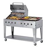 METRO Professional Barbecue a Gas con 8 Bruciatori e Piastra, Acciaio Inox, Coperchio con Termometro, Copertura Protettiva, Ruote, Argento