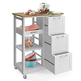 MIADOMODO® Carrello da Cucina con Ruote - Legno di Pino, 67x37x87,5 cm, 3 Ripiani e 3 Cassetti, Bianco - Carrello di Servizio, Credenza da Cucina, Portavivande, Cucina Armadio
