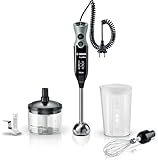 Bosch Frullatore a Immersione MSM67170, 750 W, 12 Velocità, Lama in Acciaio Inox, Impugnatura Ergonomica, Tritatutto, Lama Tritaghiaccio e Frusta Inclusi, Bicchiere Graduato, Cavo a Spirale, Nero
