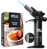 EurKitchen Cannello a Gas Butano da Cucina con Manometro, Blocco di Sicurezza, Fiamma Regolabile - Bruciatore a Gas Ricaricabile per Creme Brûlée Dolci Saldatura Artigianato - Gas Butano non Incluso