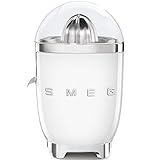 Smeg, Spremiagrumi Elettrico CJF11WHEU, Spremitura a Pressione Manuale, Beccuccio Antigoccia e Cono Universale, Base Antiscivolo, Avvolgicavo Integrato, 70W, Bianco