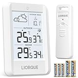 LIORQUE Stazione Meteo Con Sensore Esterno,Schermo LCD Con Retroilluminazione, Data, Temperatura, Umidità, Previsioni Di Tempo, Sensore Esterno IPX4 Impermeabile,Con Batteria