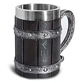 Nordic Viking Rune - Boccale da birra, in legno di quercia, misura grande, con acciaio inox, legno e resina, 3D, per uomini, regalo per la festa del papà, 550 ml