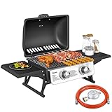 Outsunny Barbecue a Gas in Acciaio, Piastra a Gas Smaltato a 2 Bruciatori da 2.8kW, Griglia Barbecue Portatile da Tavolo con Vassoio Raccogli Grasso, Coperchio con Termometro, Regolatore, Tubo, Nero