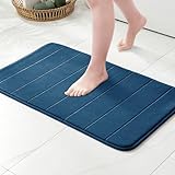 MIULEE Tappeto da Bagno in Memory Foam Antiscivolo – Morbido, Assorbente, Lavabile – Superficie a Linee Moderne Verticali, 40x60 cm, Blu Navy
