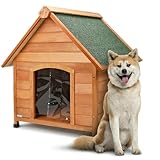 AQPET Cuccia per Cani in Legno XL/XXL da Esterno con Tetto Spiovente Impermeabile e Tenda Termica, Casetta Cane Isolata per Interno ed Esterno, Resistente alle Intemperie, 91x126x104h cm