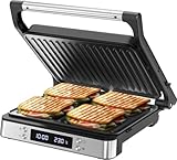 Olvy Grill digitale a contatto con piastre antiaderenti, macchina per panini 3 in 1, griglia aperta a 180°, temperatura regolabile, timer, ampia area di cottura, manico Cool-Touch, rivestimento senza