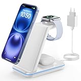 GEEKERA Stazione Ricarica per Apple, Caricatore Wireless per iPhone Air/17/16/15/14/13/12/11/X/8, Postazione Ricarica per Apple Watch Ultra/11-2/SE, Base Ricarica Wireless per AirPods Pro-2, Bianco