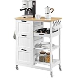 Yaheetech Carrello Cucina con Ruote 3 Cassetti 3 Ripiani in Legno Salvaspazio Bianco Porta Microonde Spezie 67cm x 37cm x 84,5 cm