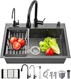Set Lavello da Cucina in Acciaio Inox - Nero/Grigio, Vasca Singola Multifunzionale con Rubinetto Estraibile, Dispenser di Sapone, Purificatore Dacqua E Accessori (60x45 Cm) Black Gray 55 X 45 cm
