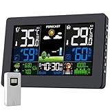 Stazione Meteo con Sensore Esterno, Barometro Digitale LCD Wireless a Colori DCF, Sveglia, Fase Lunare, Previsioni Meteo, Retroilluminazione Regolabile