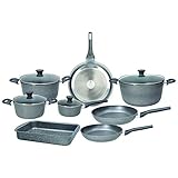 Tognana Phaetra Style, Batteria di pentole e padelle, Set con 3 padelle, 4 casseruole, 4 coperchi trasparenti, 1 lasagnera, 12 Pezzi, Alluminio, Grigio