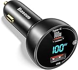 Baseus Caricabatterie Auto USB C 100W, PD3.0 QC4.0 Ricarica Rapida Caricatore Auto Veloce Display a LED Accendisigari Caricatore USB compatibile con MacBook Pro iPad Samsung Tablet Laptop
