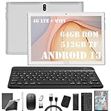 Tablet 10 Pollici 4G LTE Con Slot SIM 64GB ROM 512GB TF - Tastiera, Penna e Mouse Inclusi - Android 13 Octa Core 1080P FHD 6000mAh 13 MP Bluetooth WiFi GPS OTG Type-C