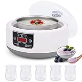 Euakee Yogurtiera, Yogurtiera Elettrica, 5 Vasetti in Vetro 100 ml, per Fino a 1,2L di Yogurt Fatto in Casa, Termostato Regolabile e Display Digitale, per Preparazione Domestica di Yogurt e Natto