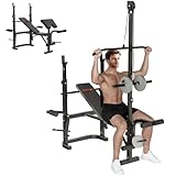 SPORTNOW Panca Palestra Multifunzione Regolabile con Rack Bilanciere, Panca Preacher Curl, Panca Pesi Inclinabile Piana con Leg Extension, Barra Lat Pull Down, Allenamento Palestra Casa, Nero