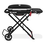 Weber Traveler Barbecue a Gas (2026) / Design Pieghevole Portatile con Ruote, bloccaggio Automatico del Coperchio e termometro, 1 bruciatore, Larghezza 111 cm, Area di Cottura 2065 cm², Nero