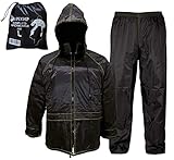 Auto Accessori Lupex - Tuta Moto Impermeabile Antipioggia Antivento, taglia XL, colore nero, set di giacca e pantalone da pioggia con cappuccio a scomparsa, Unisex Uomo Donna