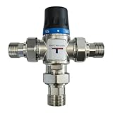 Valvola Miscelatrice Termostatica Solare 1” in Ottone CW617N con Prolunghe 3/4” M, Regolatore Temperatura 35-60°C, Antiscottatura per Boiler, Scaldabagno e Impianti Solari