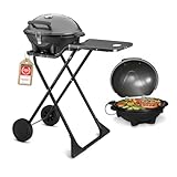 TZS First Austria - Barbecue elettrico 2 in 1 da tavolo & terra 2400W - BBQ pieghevole per balcone e terrazza con coperchio e carrello - Grill a sfera con termometro e vassoio raccogligrasso