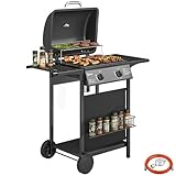 Outsunny Barbecue a Gas con 2 Bruciatori da 5KW, BBQ a Gas Propano Portatile con Griglia, Ripiani Laterali e Inferiore, Vaschetta per Grasso, Cesto, Termometro, Manico Acciaio Inox, Ruote per Giardino