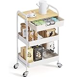 KINGRACK Carrello Cucina, Carrello Estetista a 3 Ripiani, Carrellino Salvaspazio con Cassetti, Carrello Bagno con Ruote, Carrello Portaoggetti con Piano da Legno Tavolo, Bianco (Beige)