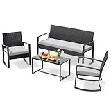 Xbro Set Mobili Giardino 4 Pezzi con 2 Poltrone a Dondolo, Divano 2 Posti e Tavolino in Vetro Temperato, Arredo Esterno in Polyrattan Resistente all’Acqua per Terrazza Balcone Patio, Grigio Chiaro