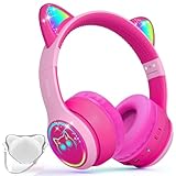 iFecco Cuffie Bluetooth Bambini con Microfono,Wireless con Borsa,Luci LED Cat Ear Cuffie per iPad/Tablet/Smartphone/Scuola