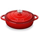 Velaze Casseruola in Ghisa, Pentola a Induzione per Stufati e Brasati, Cocotte Casseruola con Coperchio in Rivestimento Smaltato, Forno Olandese, Rosso, Rotondo - 28cm, 3.5L