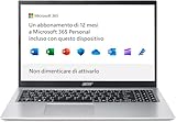 Acer Aspire 1 A115-32-C56R PC Portatile, Notebook, Processore Intel Celeron N4500, RAM 4 GB DDR4, 128 GB eMMC, Display 15.6' FHD LED LCD, Intel UHD, Microsoft 365, Windows 11 Home in S mode, Silver