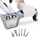 longzon Affilacoltelli Professionale, 4 in 1 Affila Coltelli da Cucina con Due Guanti Antitaglio, Affilacoltelli Manuale per Coltelli Dritti, Forbici, Sicuro e Facile da Usare