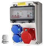 EYPINS Distributore di Corrente da Cantiere con LS+FI,2x 230V 1x 16A,Presa Schuko e CEE,Quadro Elettrico Esterno da Parete,Impermeabile IP66,per Giardini, Garage, Officina e Cortili