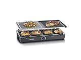 SEVERIN Raclette Grill, 1300W, 8 Padelline Antiaderenti, Piastra Combinata (Pietra Naturale e Antiaderente), Piastra Reversibile, Temperatura Regolabile, 46,5 x 40,0 x 14,3 cm, Nero - RG 2371