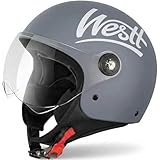 WESTT Classic Casco Moto jet con visiera Casco scooter uomo donna casco Vespa caschi moto jet vintage motorino, nero, grigio, bianco, Certificato ECE DOT, S-XL (Grigio opaco, M (57-58 cm))