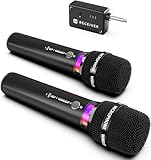 Microfono Wireless, Microfoni Wireless Ricaricabili Doppi Con Connessione Chip Uno a Uno e Luci LED, Durata 40 Ore, Portata di Ricezione 200 Piedi, Microfono Karaoke a Latenza Ridotta per Cantare