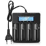 Wowfast 18650 Caricabatterie per Batterie, Caricabatterie Intelligente agli Ioni di Litio con Display LCD: Caricatore Rapido a 4 Slot per Batterie da 3,7V - universalmente compatibile con 26650, 18650