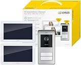 Vimar K42936 Kit videocitofono multifamiliare, videocitofoni touch screen, alimentatore barra DIN, targa con lettore RFID con 2 pulsanti, staffe per fissaggio