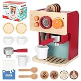 Exsink Macchina da Caffè in Legno per Bambini, Accessori Cucina Giocattolo Legno, Giocattolo Educativi Montessori, Regalo per Bambino Bambina 3 4 5 + Anni