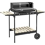 Outsunny Barbecue a Carbonella con Ruote e Griglia ad Altezza Regolabile, Barbecue da Giardino con 3 Ripiani e Vassoio per Cenere, in Metallo e Legno di Pino, 103x47x95 cm, Nera